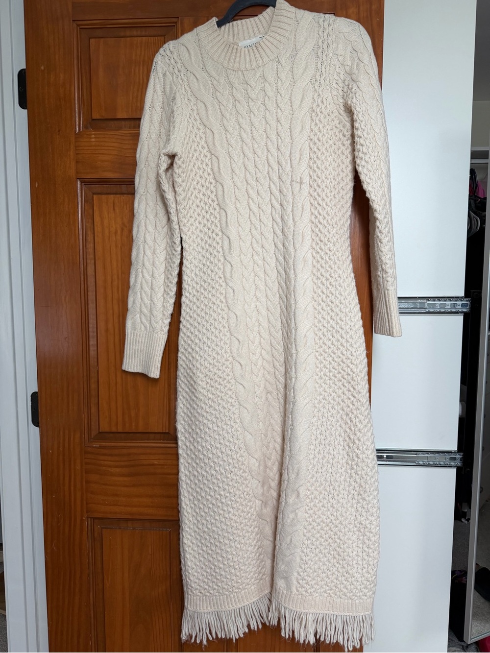 Cream Cable-Knit Fringe Maxi Dress